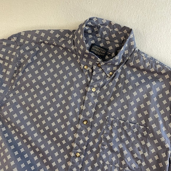Pendleton Mens Fitted Blue L Button Down Short Sleeve Shirt Diamond Print - Picture 1 of 6